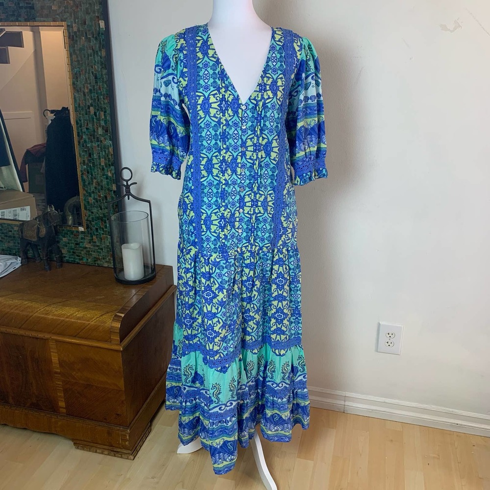 Jaase Blue and Green Resort Maxi Dress with Puff Sleeves